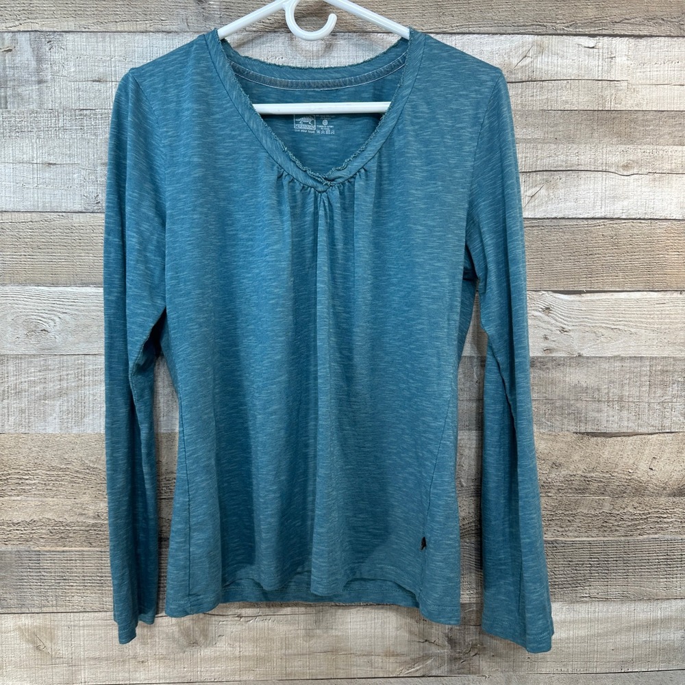 Horny Toad Teal Heathered V‎ Neck Raw Edge Long Sleeve Shirt Womens Size Large